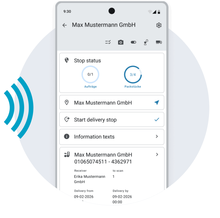 A smartphone screen displays delivery stop details for Max Mustermann GmbH, including status updates and recipient information.