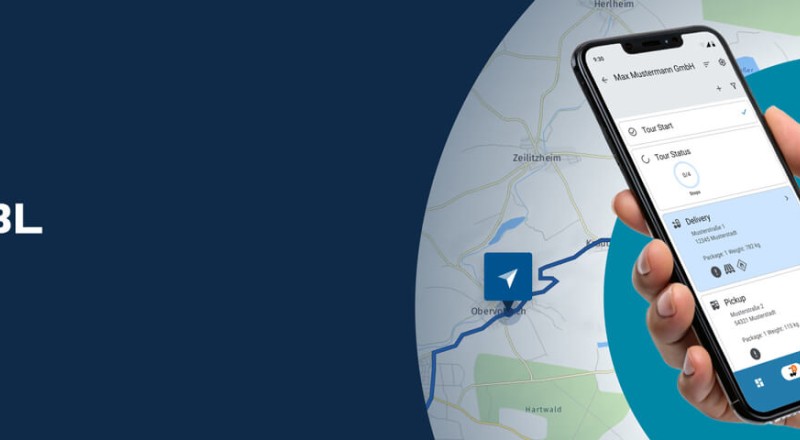 A hand holds a smartphone displaying the HABBL app's delivery and navigation features against a map background.