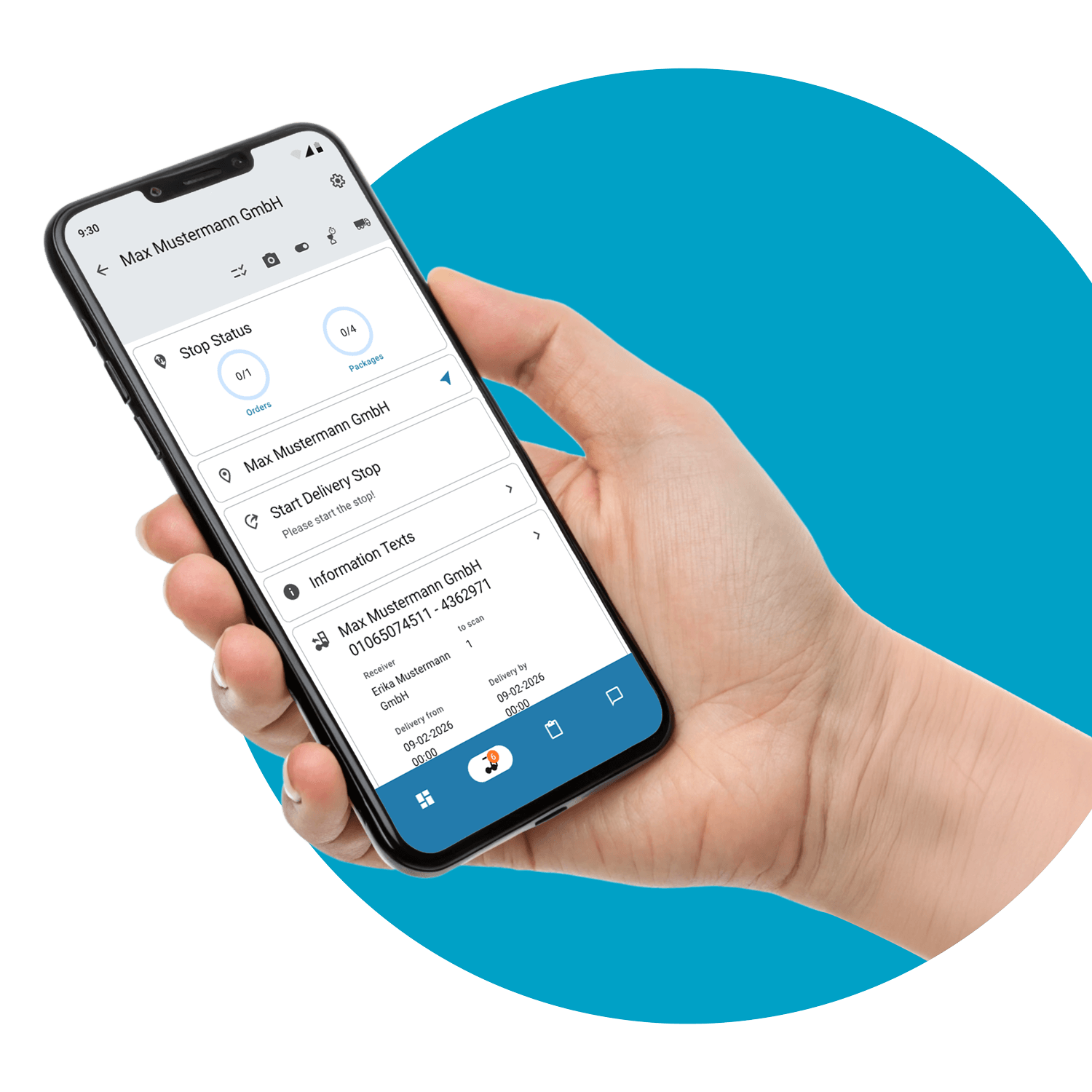 A hand holds a smartphone displaying delivery information for Max Mustermann GmbH, showcasing the stop status and details.