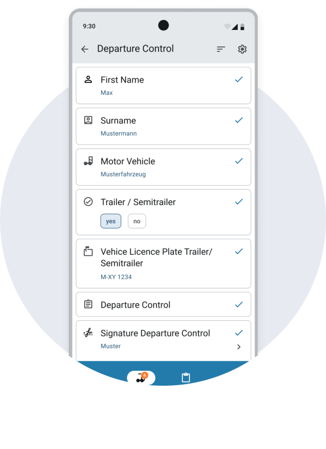 A smartphone screen displays a digital form for departure control, including vehicle and personal information fields.