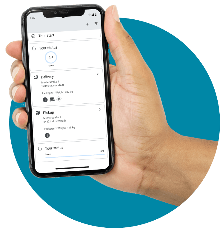 A hand holds a smartphone displaying a delivery app's tour status and package details for a logistics driver.