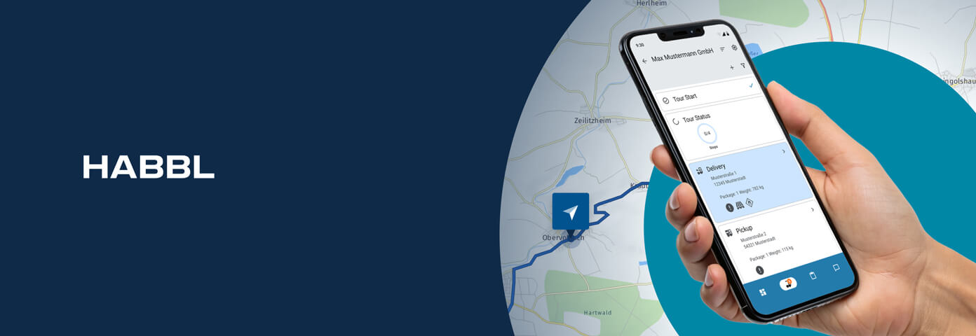 A hand holds a smartphone displaying the HABBL app's delivery and navigation features against a map background.
