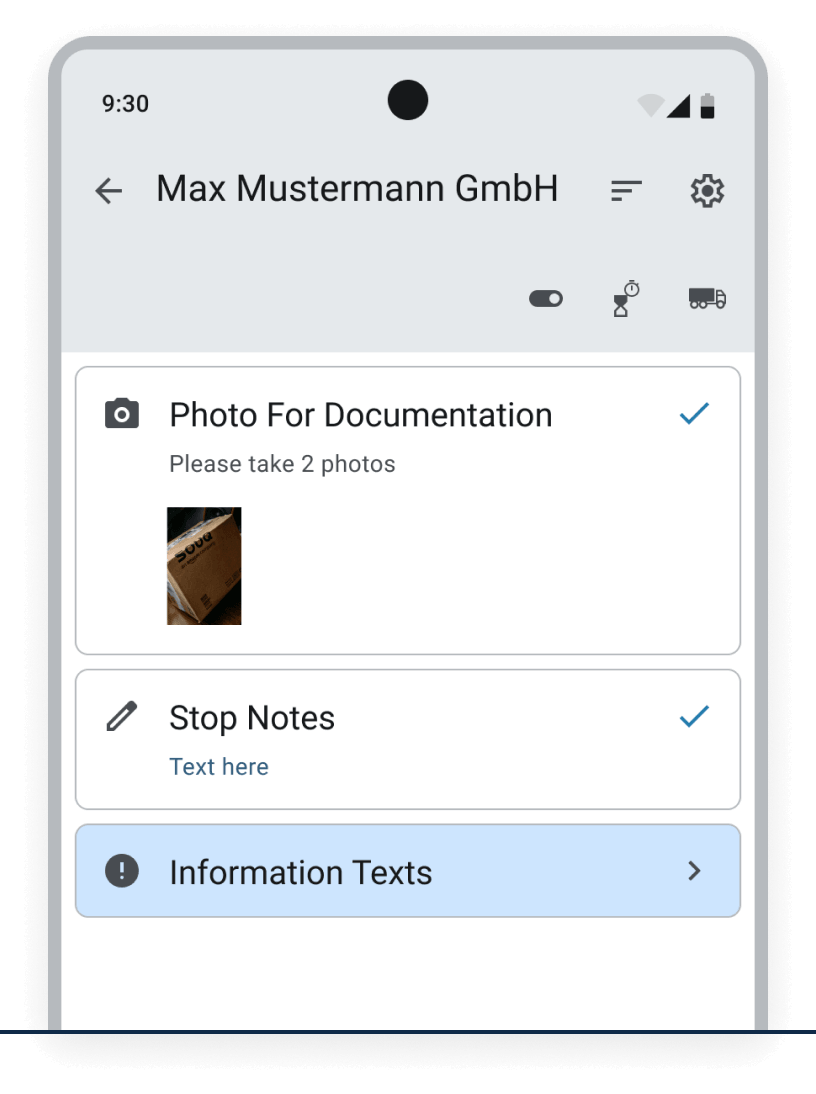A smartphone screen displays a documentation interface prompting users to take two photos of a package.