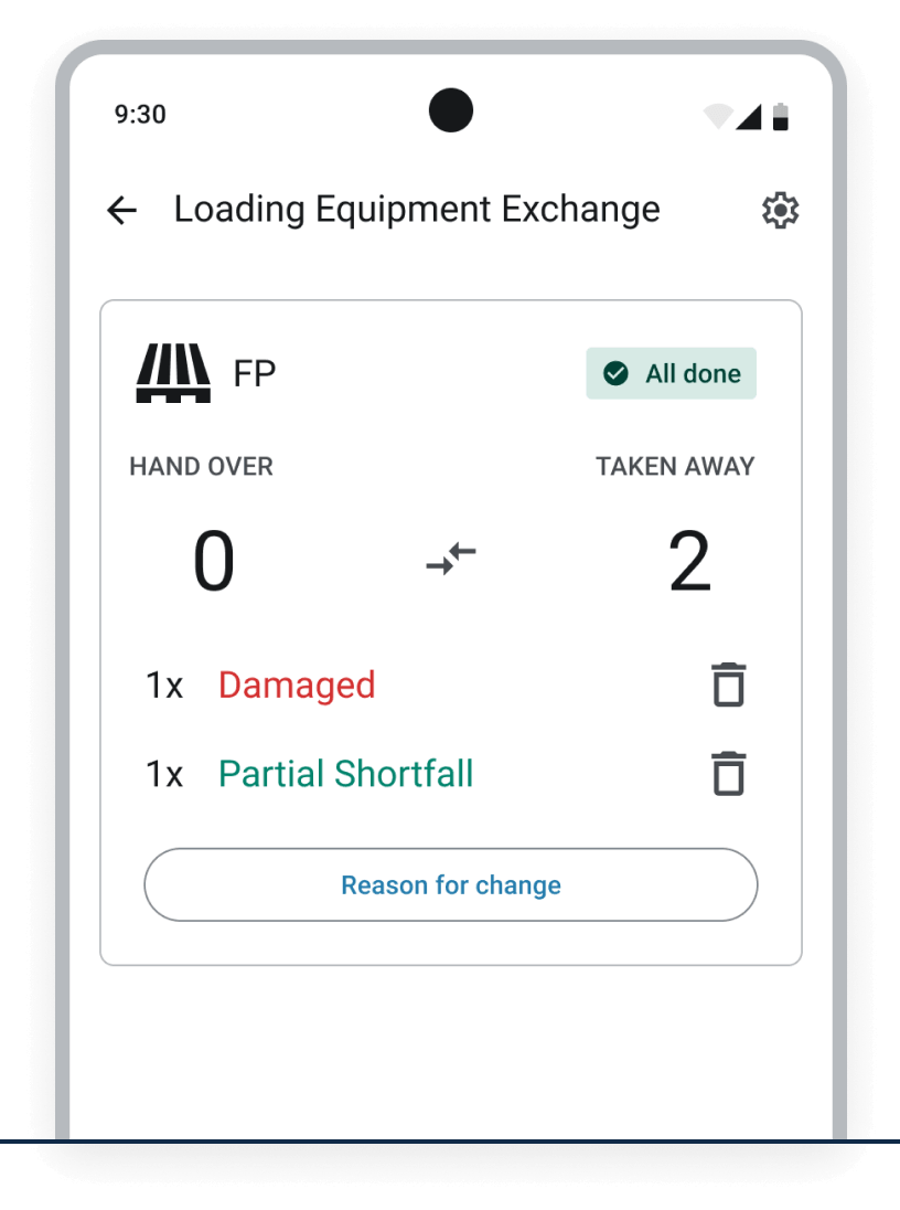 A mobile screen displays the status of a loading equipment exchange with details on items handed over and taken away.