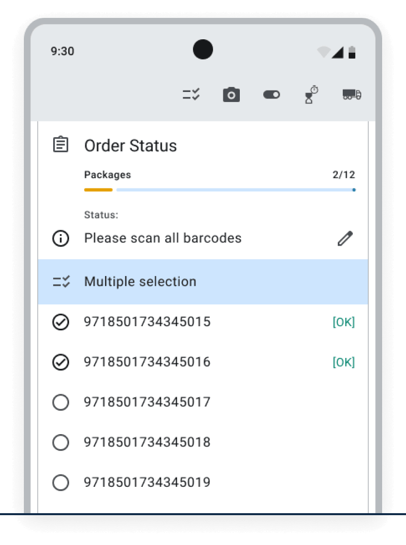 A mobile screen displays an order status interface prompting the user to scan multiple package barcodes.