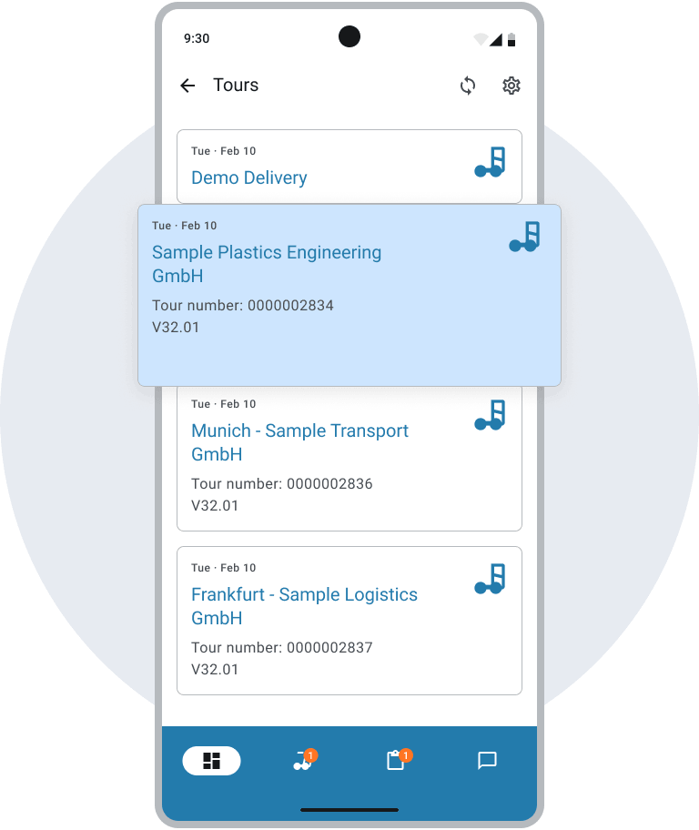 A mobile app interface displays a list of tours for various companies, highlighting details like tour numbers and delivery dates.