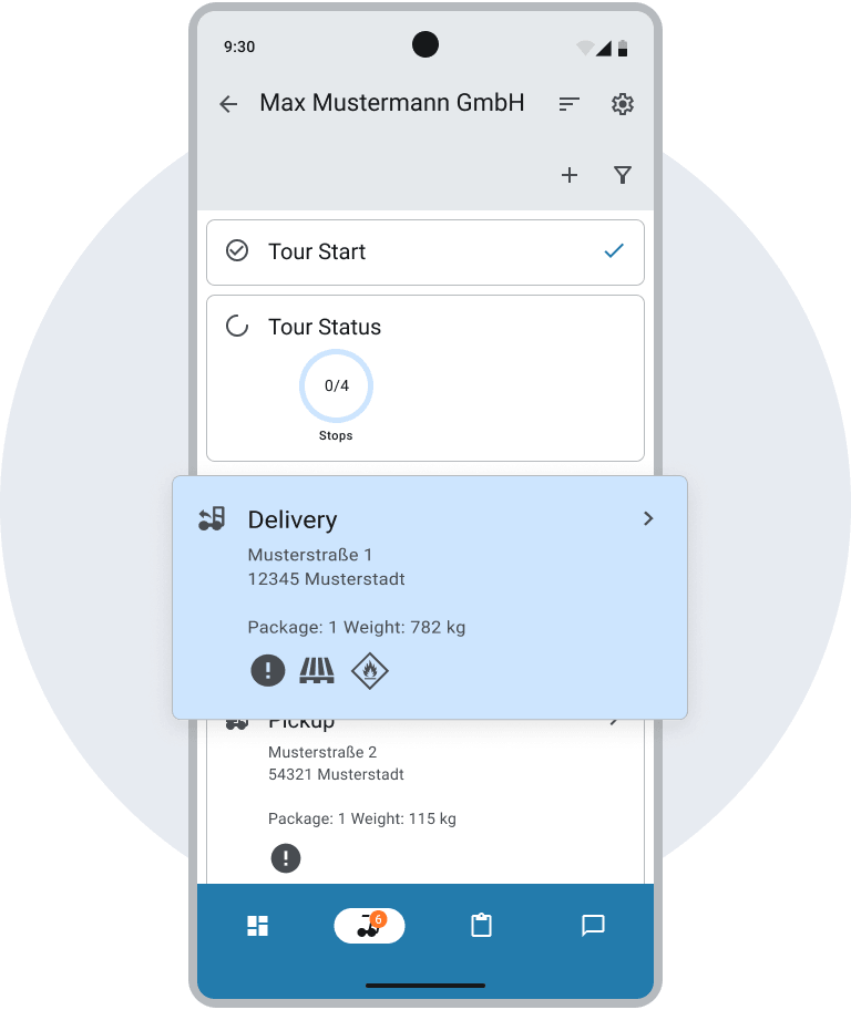 A mobile app displays delivery details, including package weight and destination, for Max Mustermann GmbH's tour management.